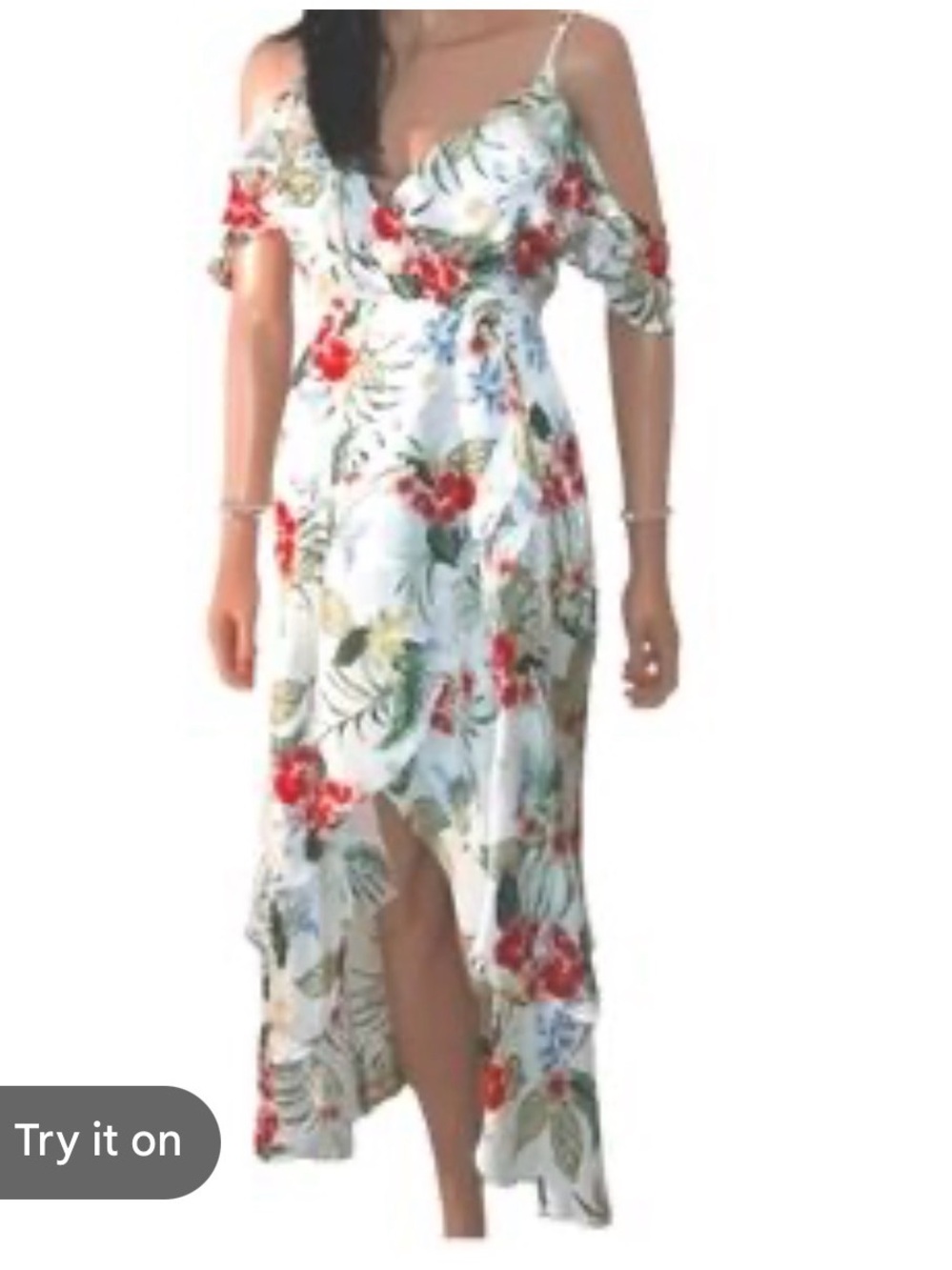 Bardot White Floral Cold-Shoulder High-Low Wrap Dress